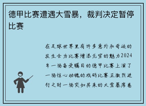 德甲比赛遭遇大雪暴，裁判决定暂停比赛