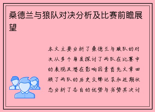 桑德兰与狼队对决分析及比赛前瞻展望