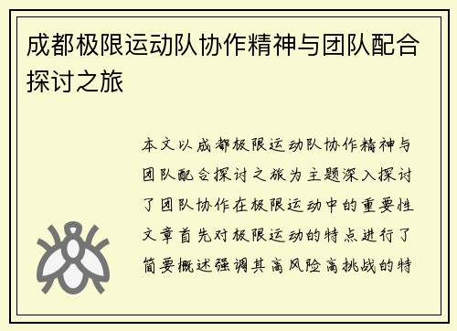 成都极限运动队协作精神与团队配合探讨之旅