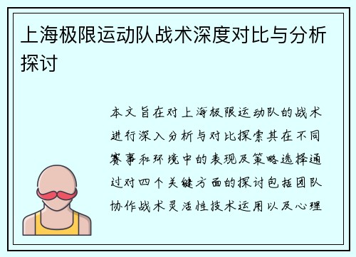 上海极限运动队战术深度对比与分析探讨