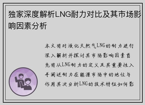 独家深度解析LNG耐力对比及其市场影响因素分析